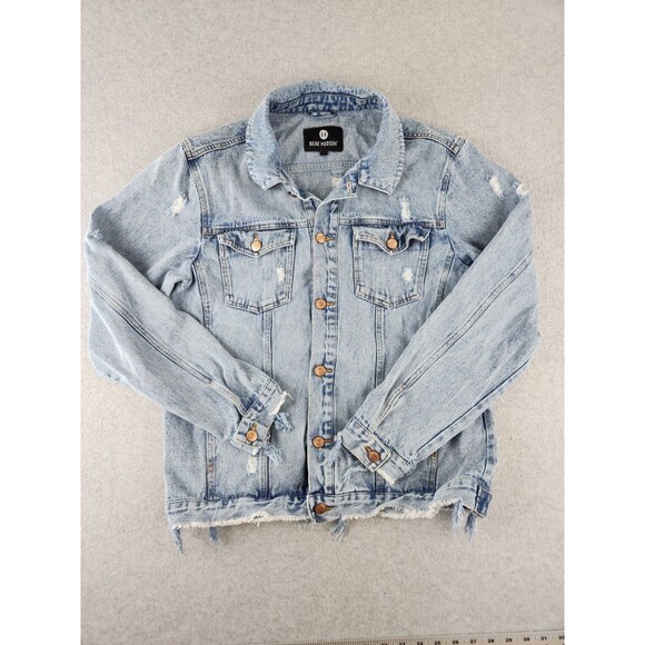 Beau‎ Hudson Men's Medium Light Blue Distressed Button Up Denim Jean Jacket Coat - Picture 7 of 14